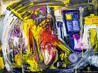 Frontal view of the full canvas showing abstract composition in yellow, red, purple, white and black.
