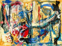 Full frontal view of the abstract painting against a plain background