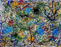 Close-up photo of the abstract oil painting with colorful splashes and drips