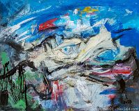 Front view of the artwork showing the full painting with vibrant abstract brushstrokes and colors.