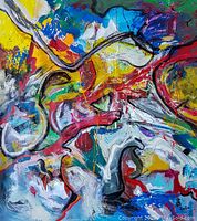 Close-up view of abstract color details with bold lines and surrounding shapes in vibrant hues.