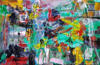 Full view of abstract mixed media canvas showing overall composition