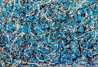 Close-up view of full painting showing abstract splatter pattern of blue, black and white enamel.