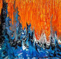 Close-up of the abstract enamel painting showing texture and color blending of bright orange, black, gray, white, and blue.