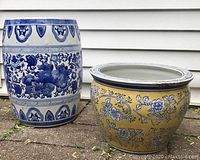 Both ceramic garden stool and planter, side by side, front view