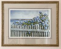 Full front view of framed print showing hydrangeas, fence and coastal scene