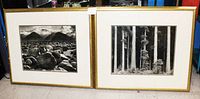 Pair of two black and white nature scene artworks framed in gold with double matting and glass, side by side view