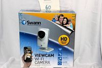 Front view of the sealed original box showing Swann logo, image of the camera, and HD video label.