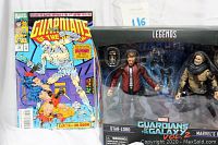 Photo showing sealed 1993 Guardians of the Galaxy comic book and Marvel Legends Series box containing Star-Lord and Marvel's Ego action figures