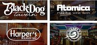 Collage of four restaurant logos: Black Dog Tavern, Atomica Pizza & Wine Bar, Harper’s Burger Bar and Dianne’s Fish Shack & Smokehouse