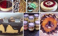 Collage showing various styles of cheesecakes with toppings including chocolate, berries, and caramel, plus cheesecake jars.