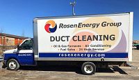 Box truck with Rosen Energy Group branding, advertising duct cleaning, oil & gas furnaces, air conditioning, fuel sales, 24-hour service and website