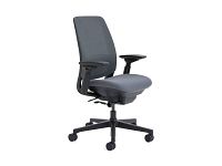 Front-right view showing mesh back, graphite seat cushion, adjustable armrests and caster base