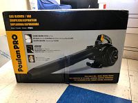 Box showing Poulan Pro gas blower/vacuum/mulcher with product image and performance specs
