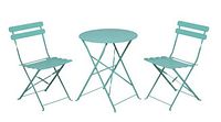 Photo of teal metal 3-piece outdoor bistro set with two folding chairs and one round folding table.