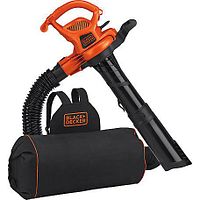 Stock-style image showing orange and black 3-in-1 Vacpack unit with rigid and flexible hoses, nozzles and fabric collection bag on white background