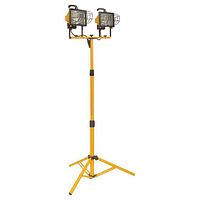 Two Uberhaus portable work lights mounted on yellow metal frames with stands, isolated on white background.