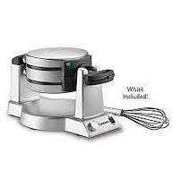Side view of Cuisinart Double Belgian Waffle Maker with whisk accessory