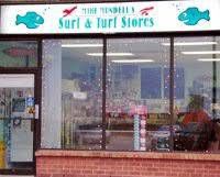 Storefront sign reading “Mike Mundell’s Surf & Turf Stores”