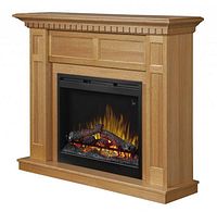 Front view of oak finish mantel with electric firebox showing inner glow logs