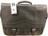 Front view of black leather briefcase showing flap, buckle closures and embossed logo