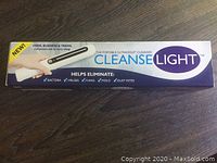 Box of Cleanse Light portable ultraviolet sanitizer showing product name, features, and bacteria elimination claims.