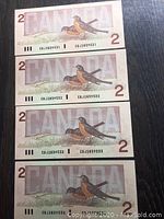 Back sides showing two robins with the denomination 2 and 'CANADA' text in the background on each bill in sequential order.