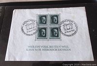 Mint 4-stamp block with Adolph Hitler portrait, Munchen 1937 postmark, German text on sheet