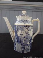 Front view of tall coffee pot showing Blue Mikado pattern, spout and handle