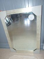 Full view of the rectangular mirror with gold look plastic frame surrounded by protective corner guards.