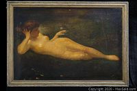 Full front view of the framed oil on board painting showing figure and frame