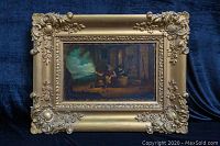 Front view of painting in ornate gilt frame against dark background