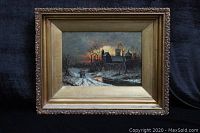 Full frontal image of the framed painting showing subject, frame style, overall dimensions and condition