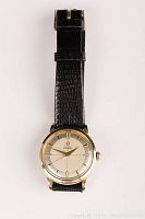 Front view of Omega watch showing dial, hands, case, and strap.