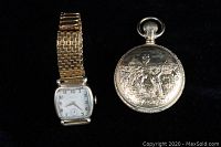 Two watches displayed side by side on black background: Hamilton wristwatch with gold-tone stretch metal bracelet and white dial with Arabic numerals; Sears pocket watch with embossed silver-tone case showing hunting scene.