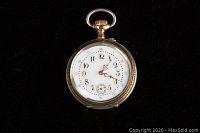 Front view showing enamel dial, Arabic numerals, blue minute markers, ornate gold-tone hands