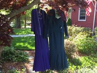 Two dresses hanging outdoors under tree, purple dress with matching jacket on left, dark green dress with jacket on right