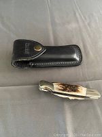 Photo of one Buck pocket knife with antler-style handle and black leather Buck sheath