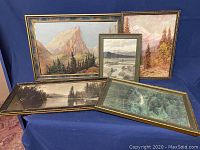 Group photo showing all five framed artworks against blue background, displaying size and framing details.