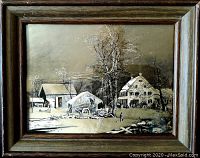 Framed winter scene Dufex foil art etching showing farmhouse, barn, trees and figures in metallic shades.