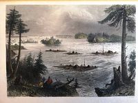 View of the hand-colored engraving showing the river scene with distant islands, boats on rough water, and two seated figures on a forested shore.