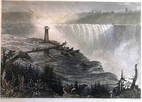 Close-up photo of the engraving depicting Niagara Falls with a tower, hand-coloured with watercolours.