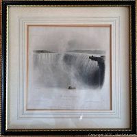 Full framed view of the hand-colored engraving of Horseshoe Falls Niagara, showing the complete frame and mat borders.