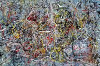 Full view of abstract painting on dark wood floor