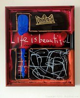 Front view of full painting in red-stained wood frame.