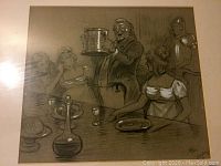 Frontal image of Cecil Aldin chalk and pencil drawing showing a historic indoor scene with multiple figures at a table.