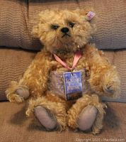 Full front view of the vintage Steiff Sound of Music musical teddy bear sitting against textured brown fabric background. Bear wears a pink ribbon with a Sound of Music medallion visible.