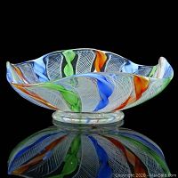 Side profile view of the Murano footed glass dish showing colorful twisted latticino ribbons and zanfirico net pattern with reflection on black surface.
