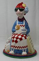 Front view of Maxine cookie jar figurine featuring her holding a cookie and coffee with bunnies and a dog around the base.