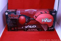 Photo of boxed Halo Rise Above inline scooter 6 piece combo set in red.